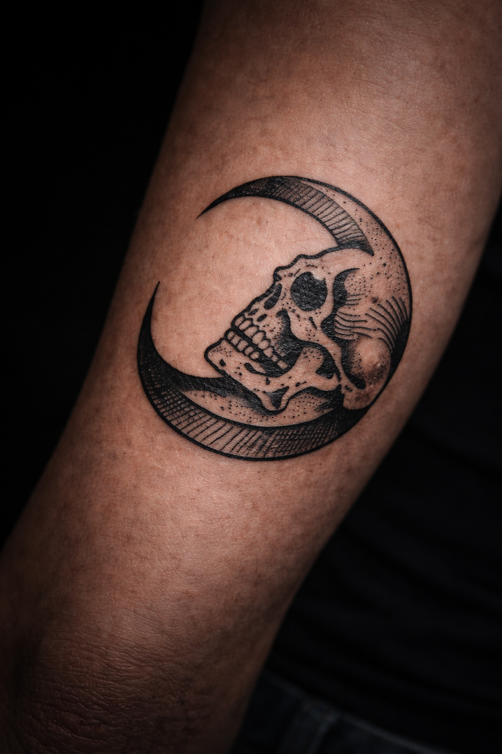 Tatuagem blackwork caveira e lua